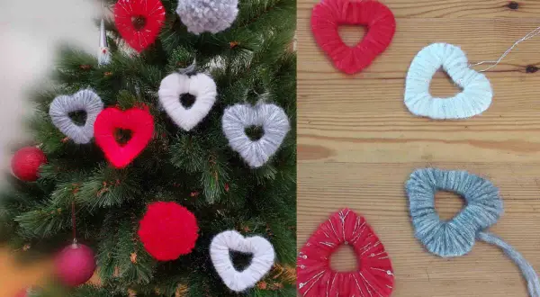 Décorations de Noël en forme de cœur faites de laine, parfaites pour un bricolage de Noël avec de la laine pour adultes.