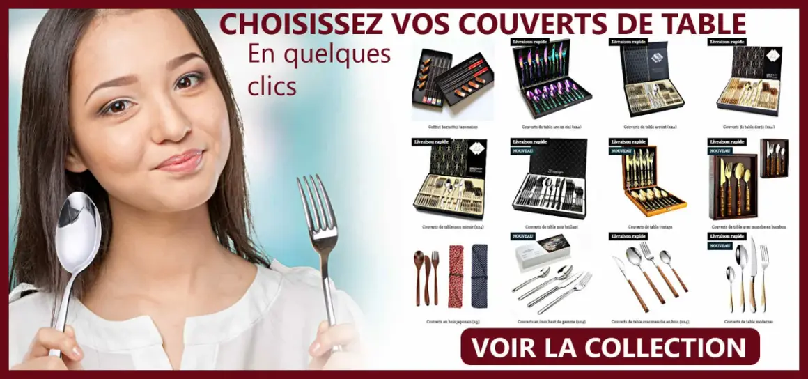 Une jeune femme sourit, tenant une cuillère et une fourchette. Le **marque menu** présente divers coffrets de couverts de table.