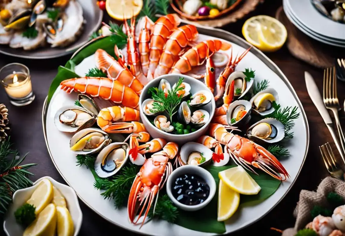 Un plateau de **couvert fruit de mer** festif avec langoustines, moules et crevettes, garni de citron et d'herbes.