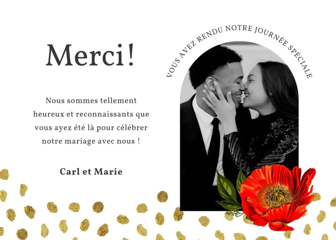 Texte remerciement mariage invités : Carl et Marie remercient leurs proches pour avoir rendu leur journée spéciale. Photo d'un couple heureux.