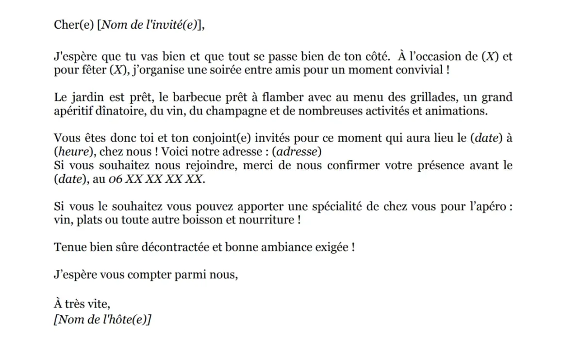 Invitation à un barbecue convivial pour fêter (X). Le jardin est prêt, le menu est alléchant. Merci de confirmer votre présence pour cet événement.