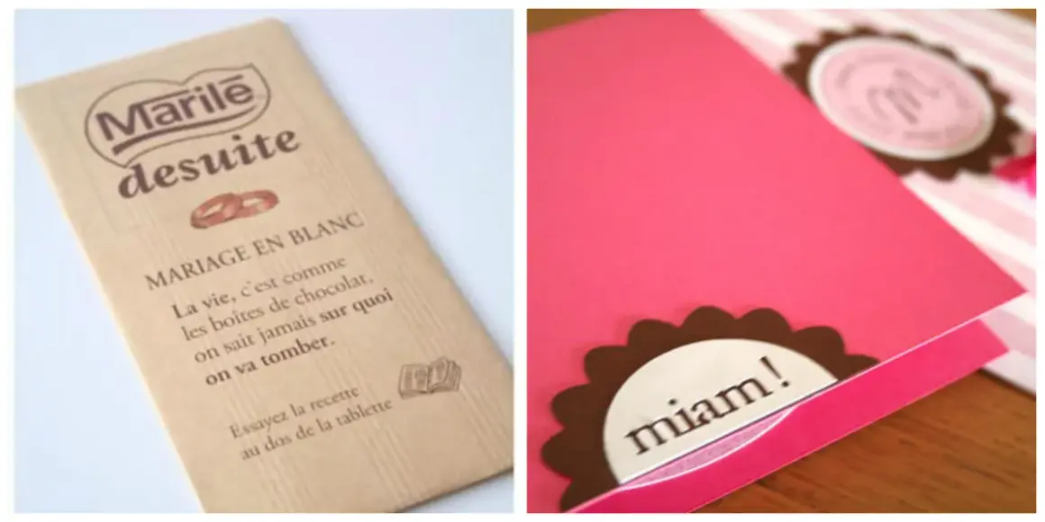 Tablette de chocolat "Mariage en blanc" et carte rose avec "miam!".