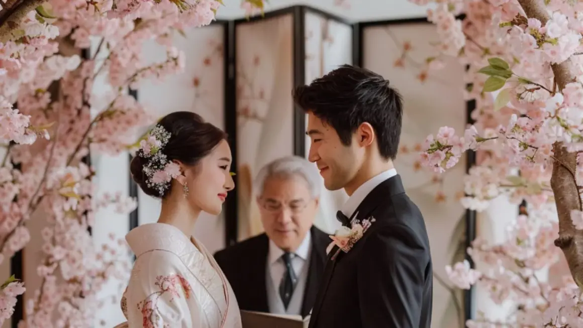 Un couple échange des regards tendres lors d'un mariage thème Japon, entouré de cerisiers en fleurs. L'officiant les observe avec un sourire.