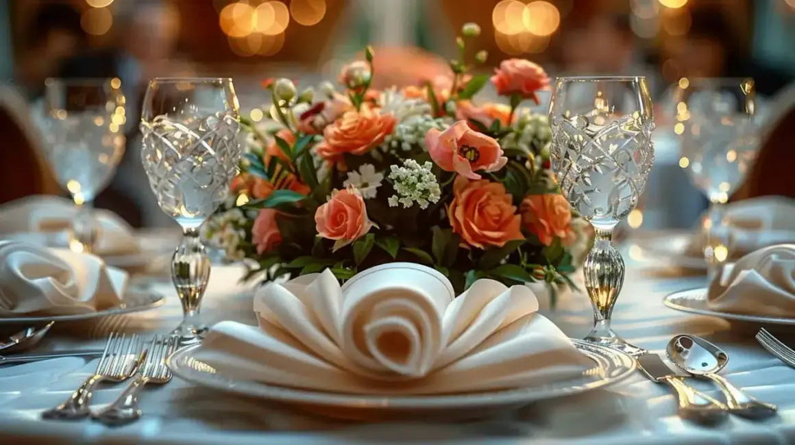 Une table dressée pour un mariage champêtre, avec un bouquet de roses corail, des verres ciselés et un pliage serviette élégant.