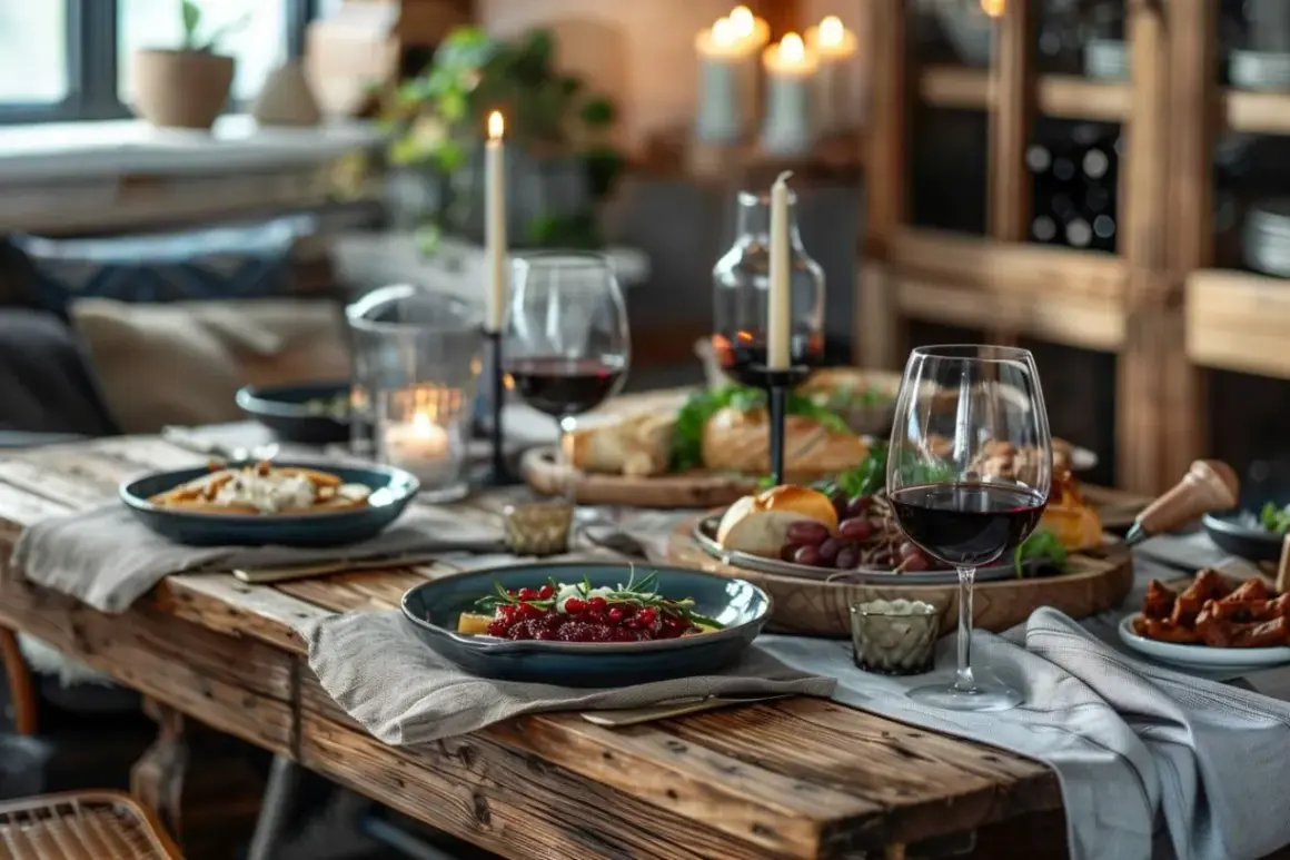 Table dressée pour un dîner intime, avec bougies, vin rouge et mets délicats. Une ambiance parfaite pour un texte invitation restaurant surprise.