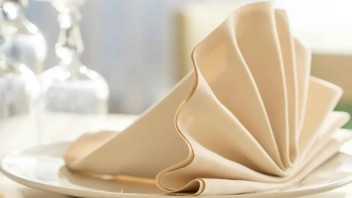 Un élégant modèle de serviette de table beige, plié en éventail sur une assiette blanche, prêt pour un repas raffiné.