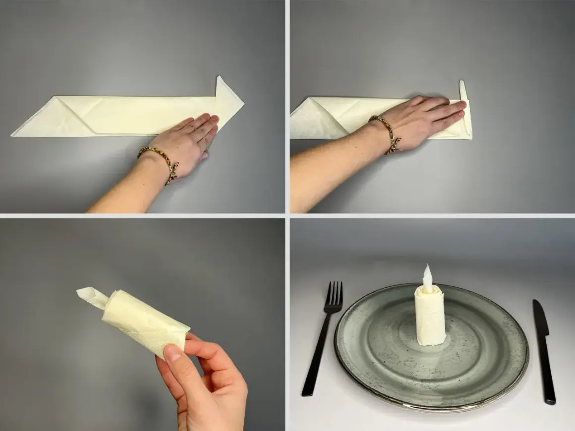 Étapes pour un pliage serviette bougie. Une main façonne la serviette pour créer une flamme. La bougie est prête sur une assiette.