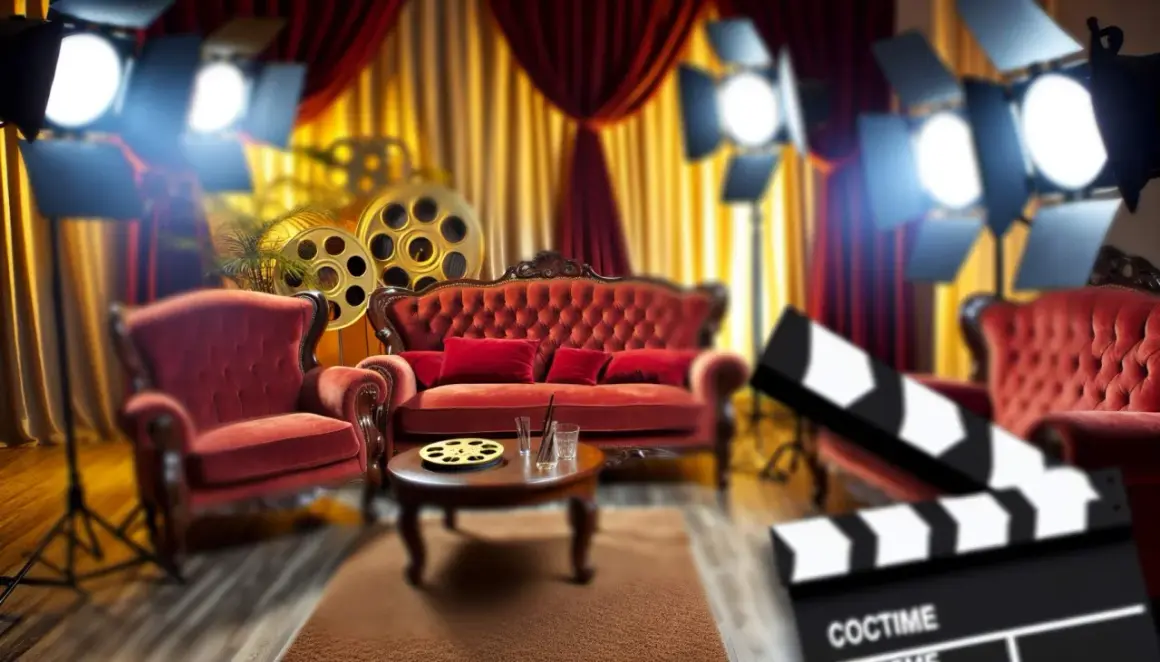 Ambiance de rêve pour une décoration thème cinéma à faire soi-même : fauteuils velours rouge, bobines de film, spots et claquette.