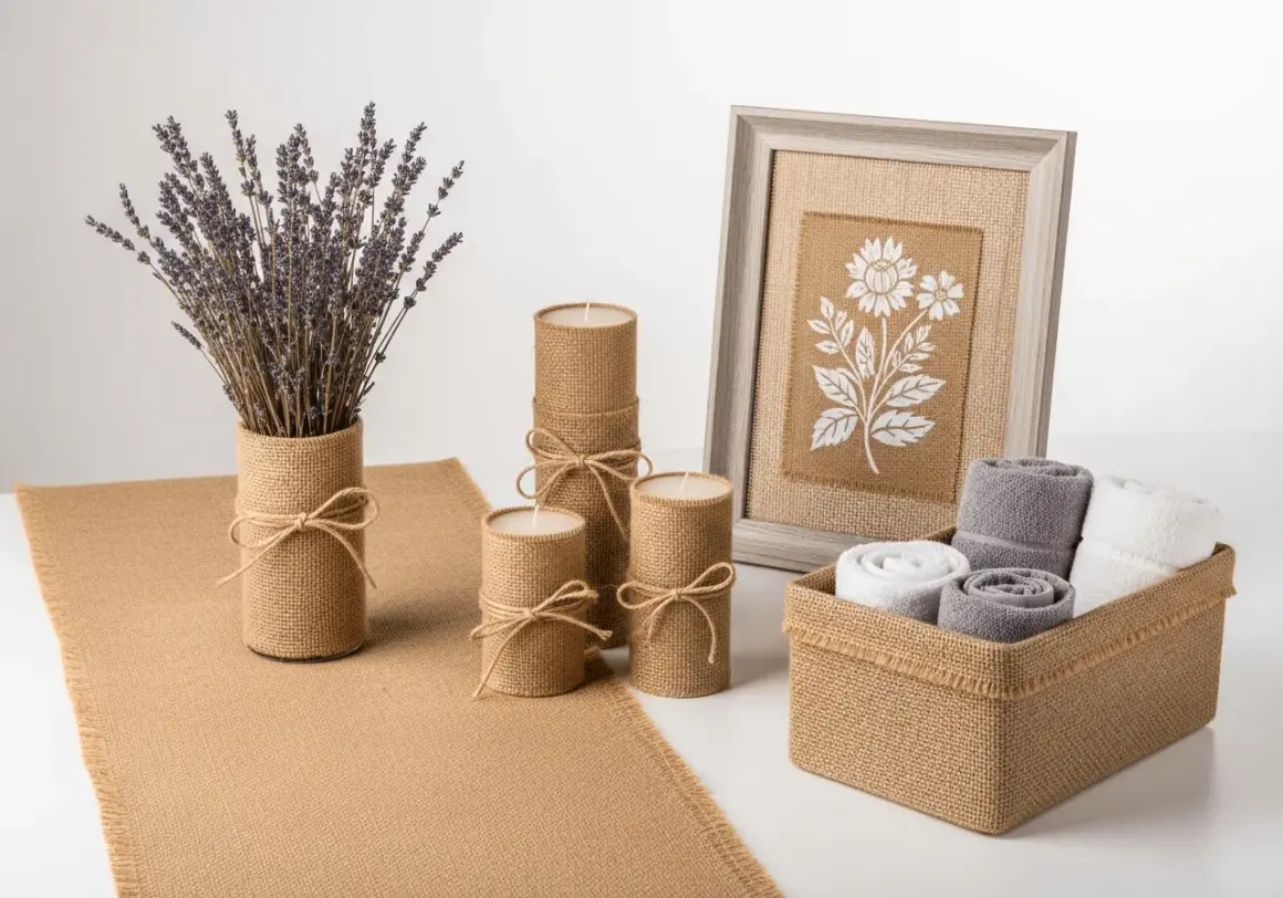Ambiance champêtre avec des bougies et un vase en toile de jute. Une belle idée déco toile de jute pour un intérieur chaleureux.