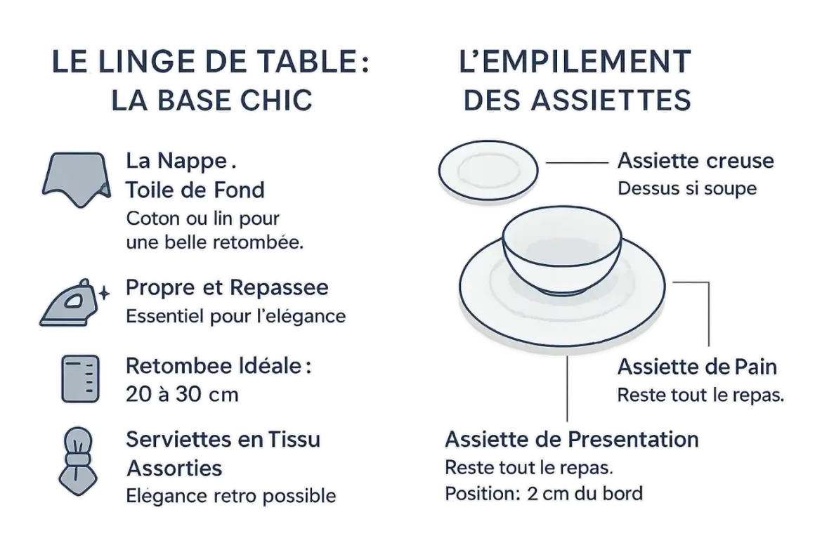 Illustration de la taille des verres à table et de l'empilement des assiettes, avec des conseils sur le linge de table.