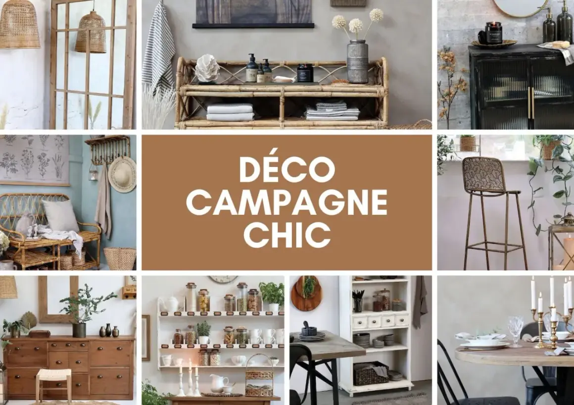 Ambiance campagne chic : rotin, bois brut, bocaux en verre, et touches végétales pour un intérieur chaleureux et élégant.