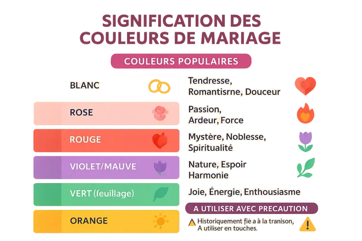 Signification des couleurs de mariage : blanc (tendresse), rose (passion), rouge (mystère), violet (nature), vert (joie), orange (prudence).
