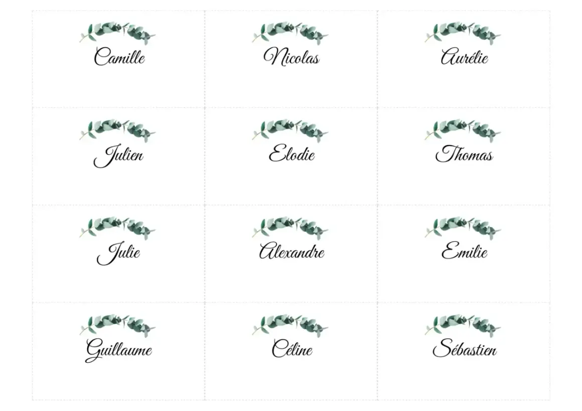 Marque-prenom pour table : Camille, Nicolas, Aurélie, Julien, Elodie, Thomas, Julie, Alexandre, Emilie, Guillaume, Céline, Sébastien.