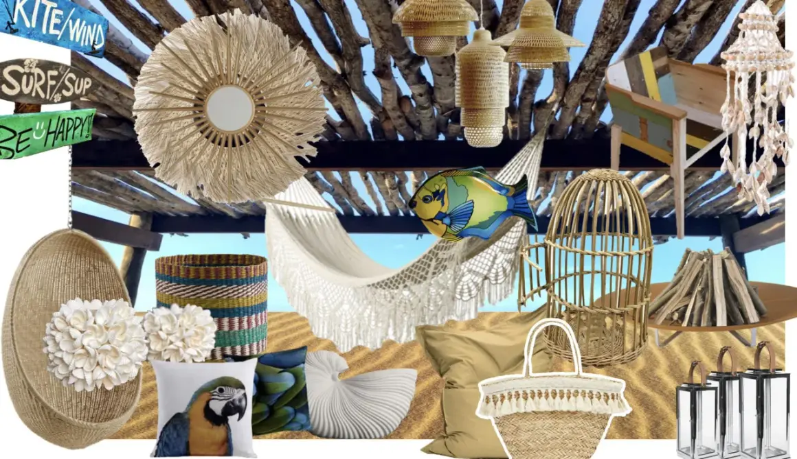 Inspiration pour la deco cabane de plage : hamac, coussins, paniers, lanternes, miroir en rotin, et un poisson coloré.