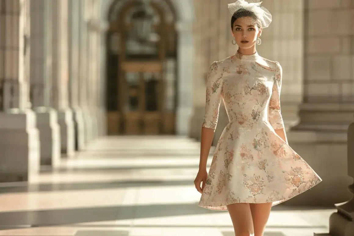 Une invitée élégante, robe fleurie, voile chic. Parfait pour savoir comment s'habiller pour un mariage.