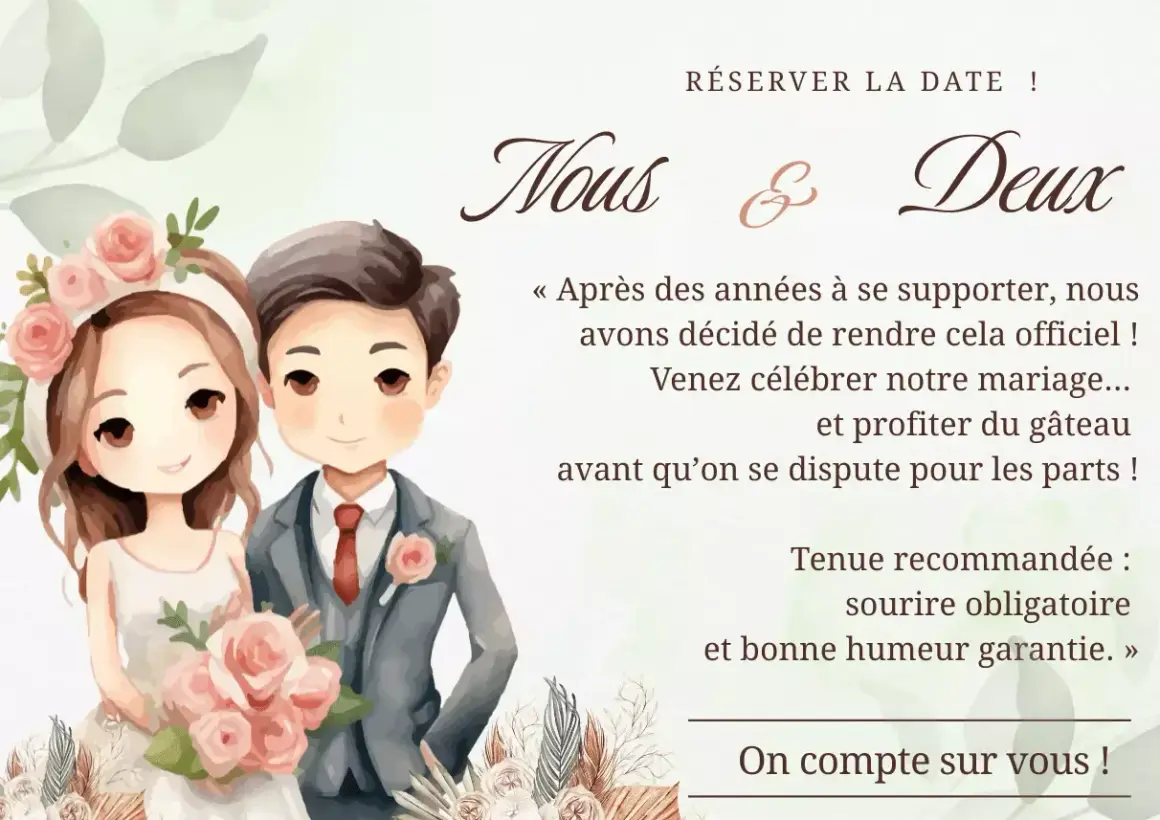 Illustration d'un couple marié, invitant à célébrer leur union. Un texte humoristique pour une cagnotte mariage.