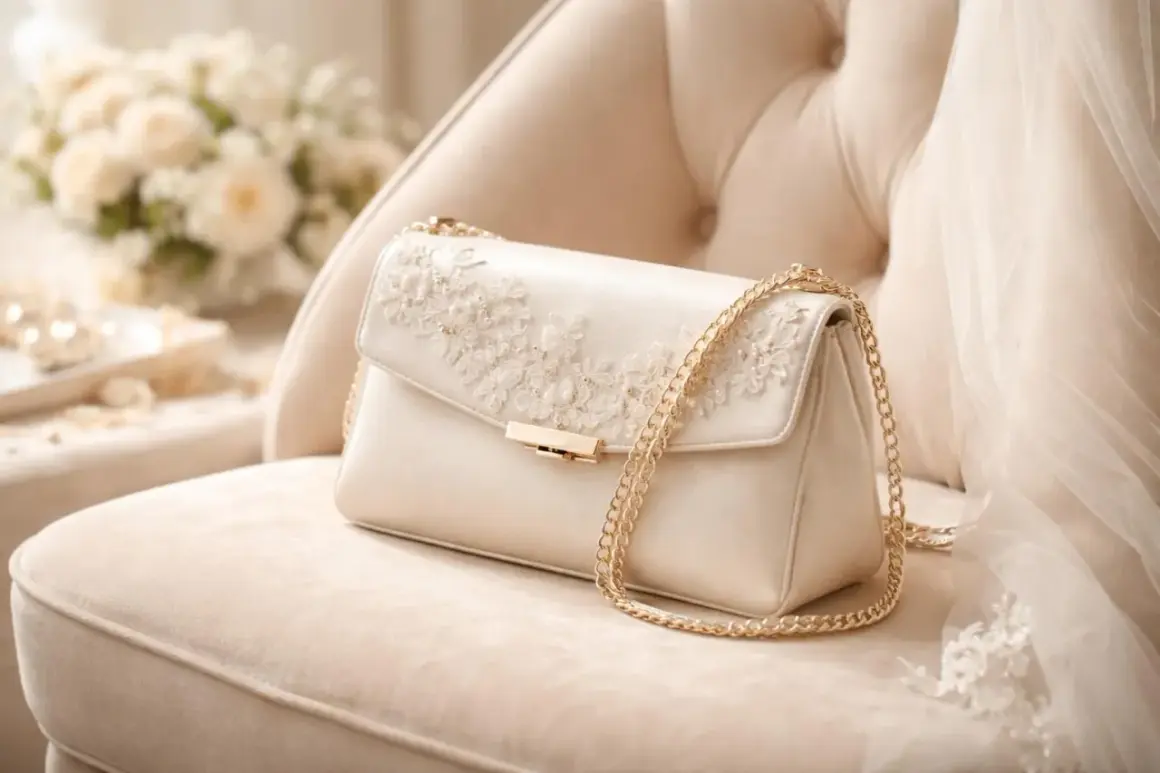 Pochette mariage champêtre en satin ivoire, ornée de dentelle florale et d'une chaîne dorée, posée sur un fauteuil crème.