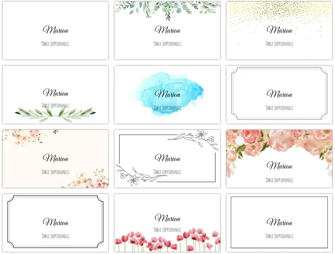 Diverses cartes de mariage avec le nom "Marion" et "Table (Optionnel)". Une belle idée marque place pour tous les styles.