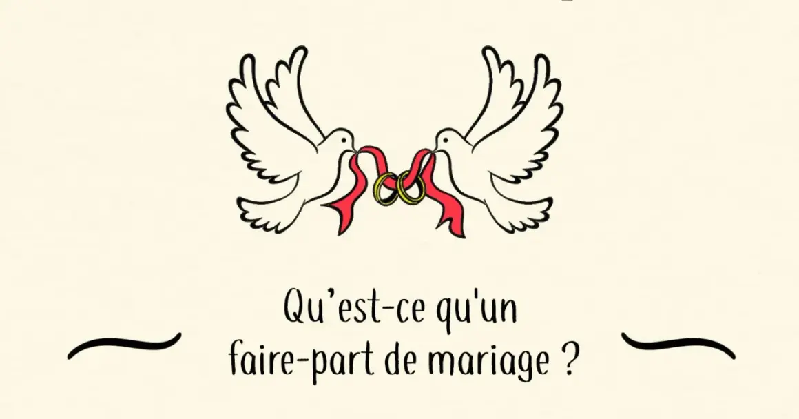 Deux colombes tiennent des anneaux de mariage avec des rubans rouges. La question "Qu'est-ce qu'un faire-part de mariage ?" est écrite en dessous.