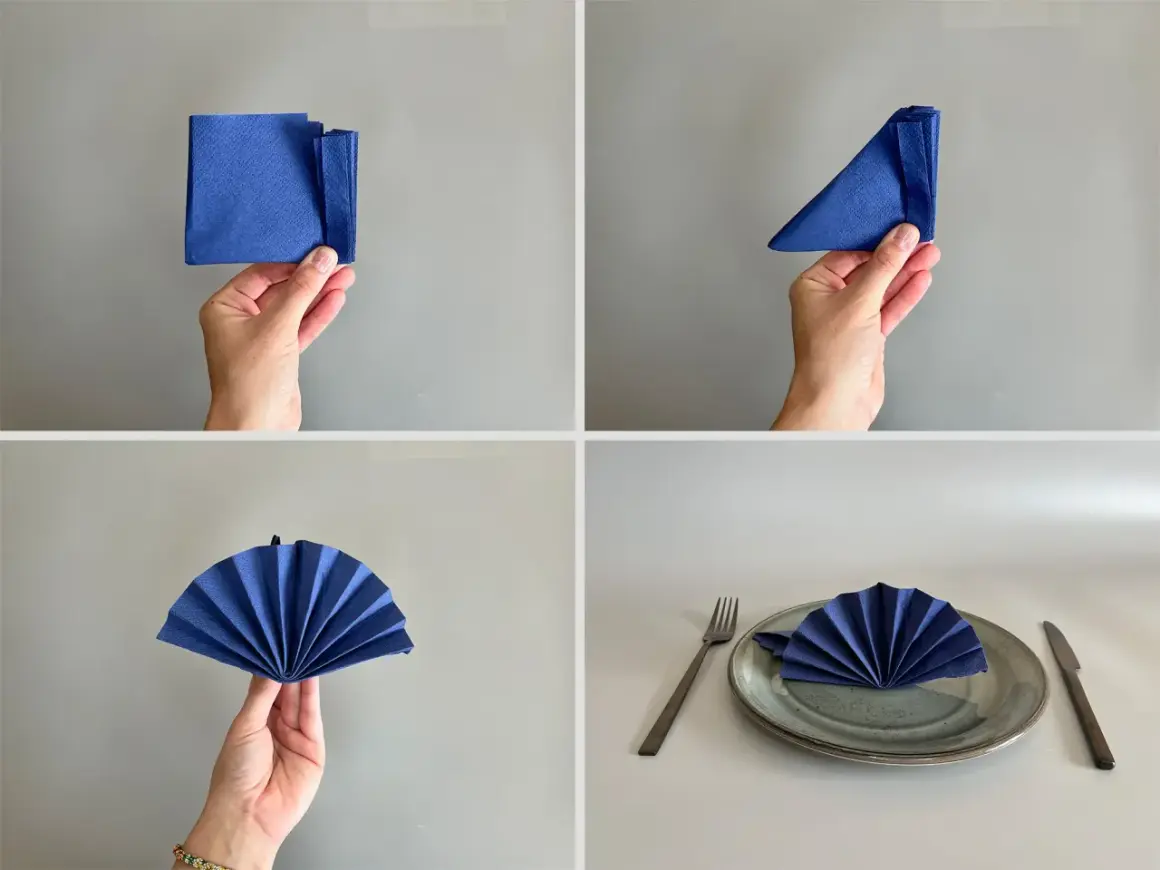 Étapes pour un pliage serviette éventail : une main tient une serviette bleue pliée, puis en triangle, puis ouverte en éventail, prête pour la table.