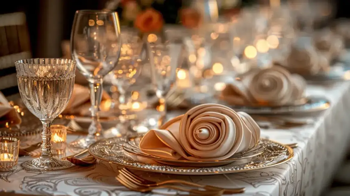Un élégant noeud serviette mariage en forme de rose sur une assiette dorée, entouré de verres scintillants et de bougies.