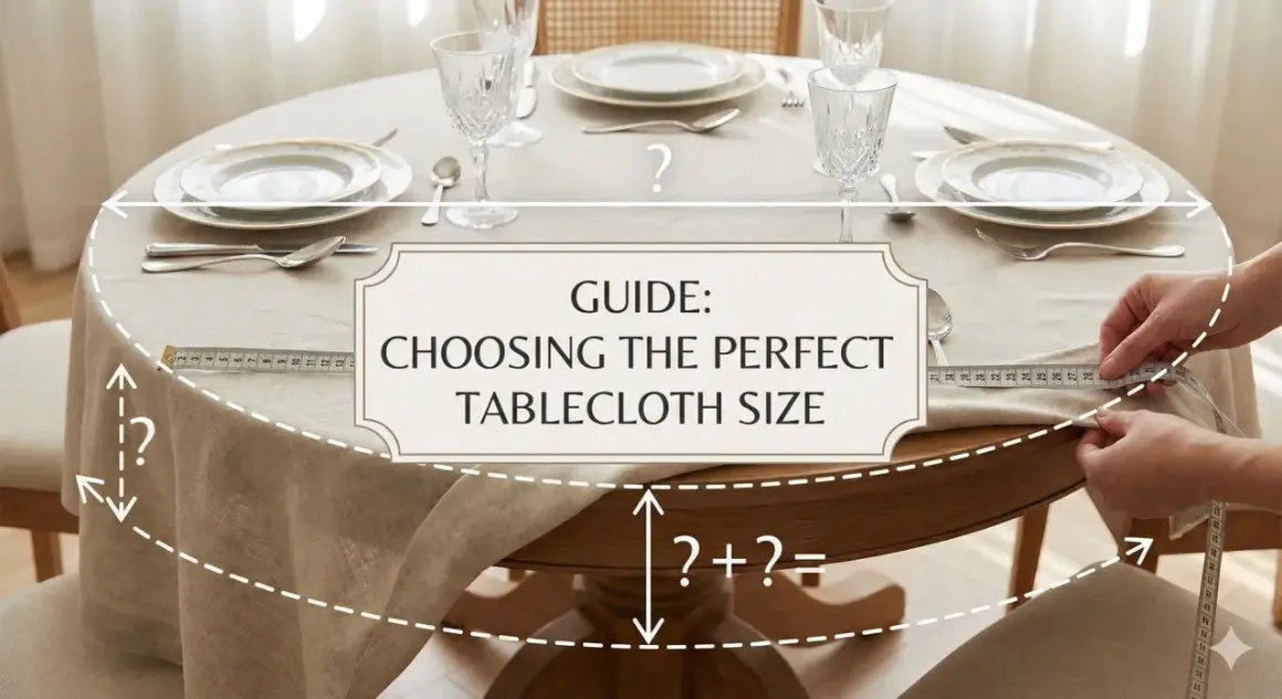 Guide pour choisir la nappe parfaite. Mesure du tissu pour une table ronde, utile pour savoir combien de mètre de nappe pour 50 personnes.