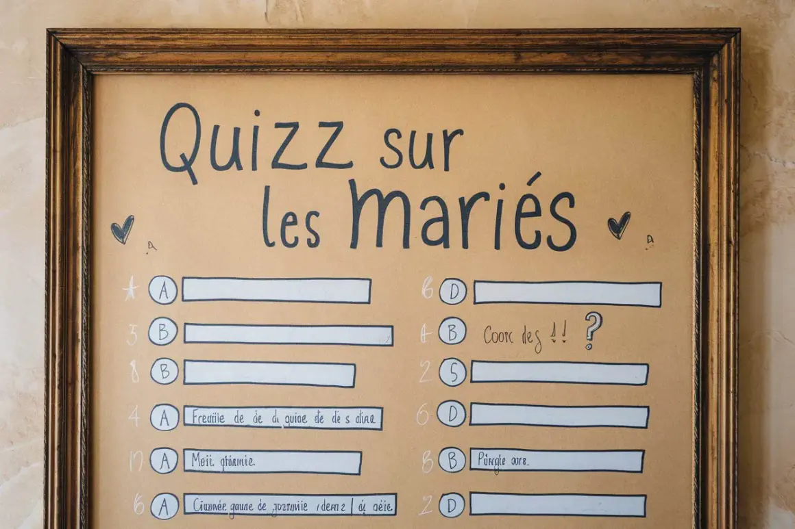 Un jeu mariage questions invités pour tester les connaissances sur les mariés. Le quiz est écrit à la main sur un fond brun.