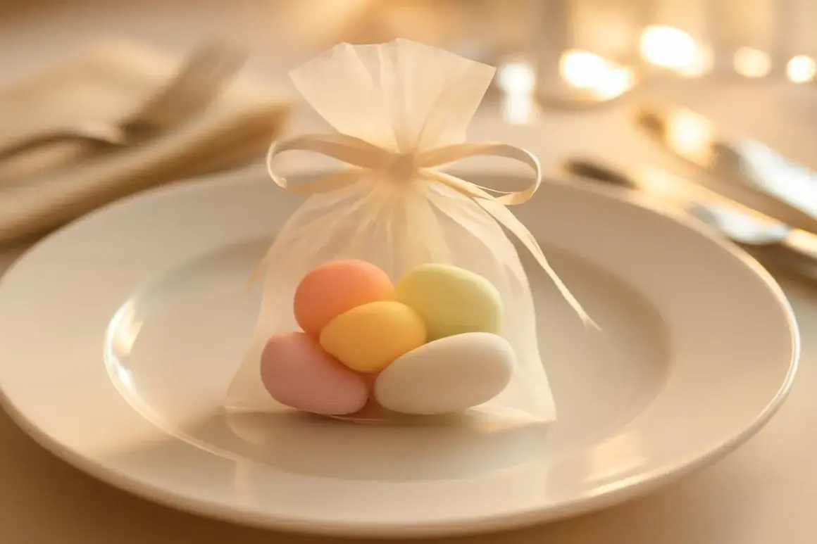Une boîte à dragées chic sur une assiette blanche, remplie de bonbons pastel.