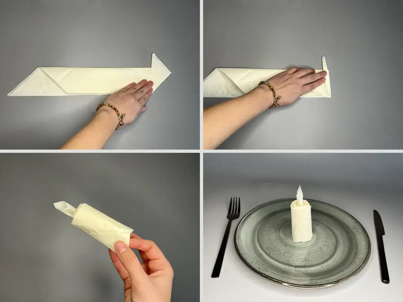 Étapes pour un pliage serviette bougie original. Une main façonne la serviette pour créer la flamme. La bougie est prête sur une assiette.
