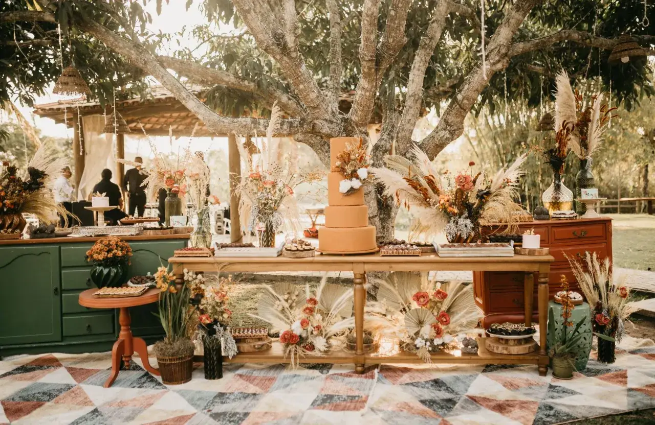 Un magnifique buffet de mariage thème automne, avec un gâteau orange, des fleurs séchées et des pampas sous un grand arbre.