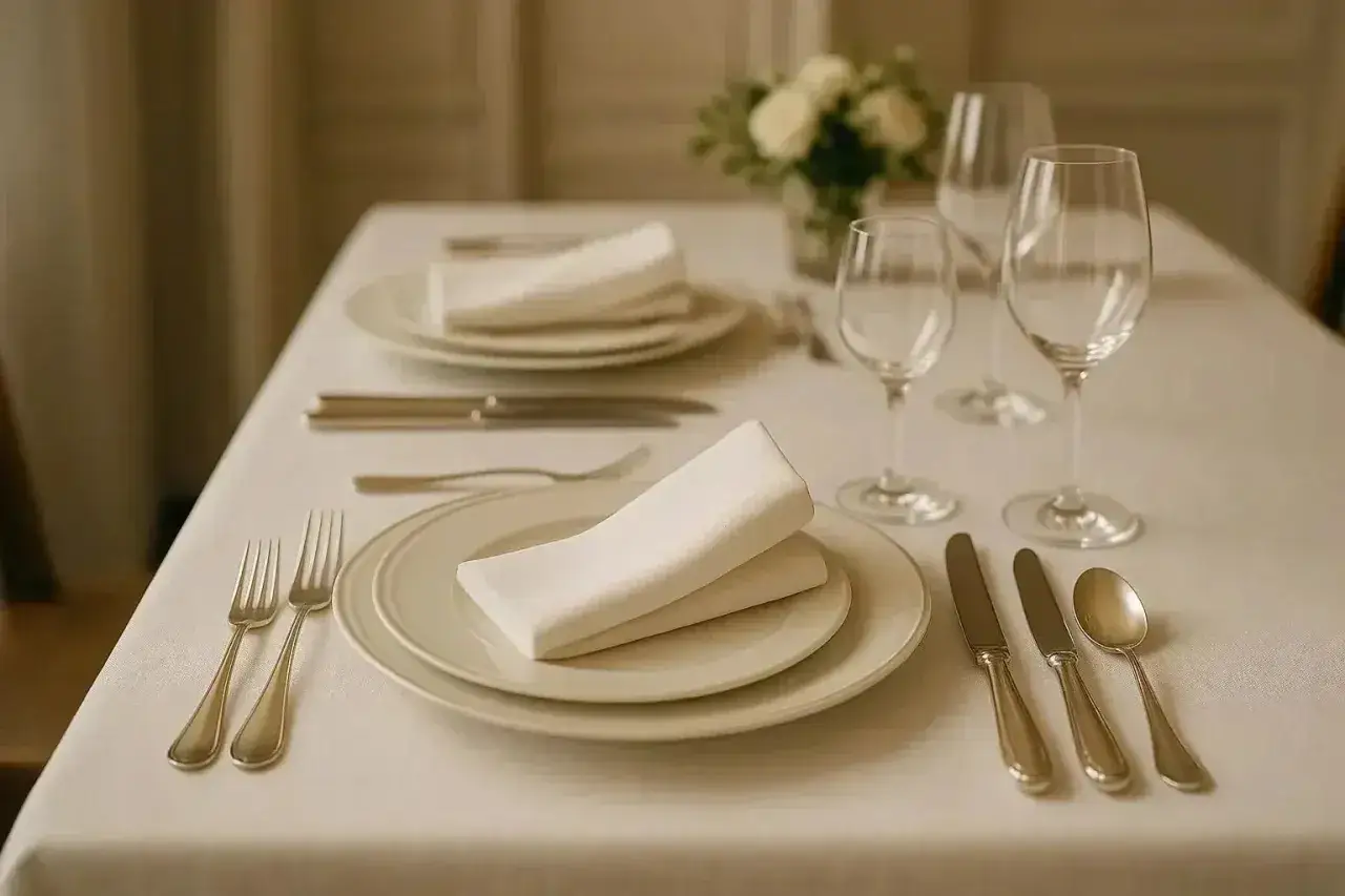 Une table dressée avec élégance, où chaque fourchette attend patiemment son convive. Serviettes blanches pliées, verres à pied et couverts brillants promettent un repas raffiné.