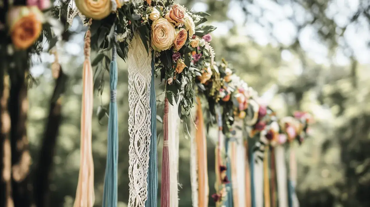 Décoration mariage bohème DIY : arche fleurie avec rubans colorés, dentelle et pompons, ambiance champêtre et romantique.