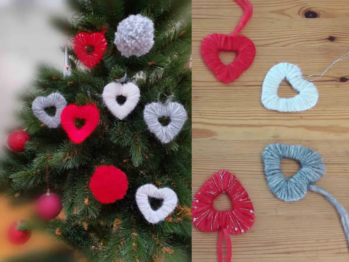 Décorations de Noël en forme de cœur faites de laine, parfaites pour un bricolage de Noël avec de la laine pour adultes.