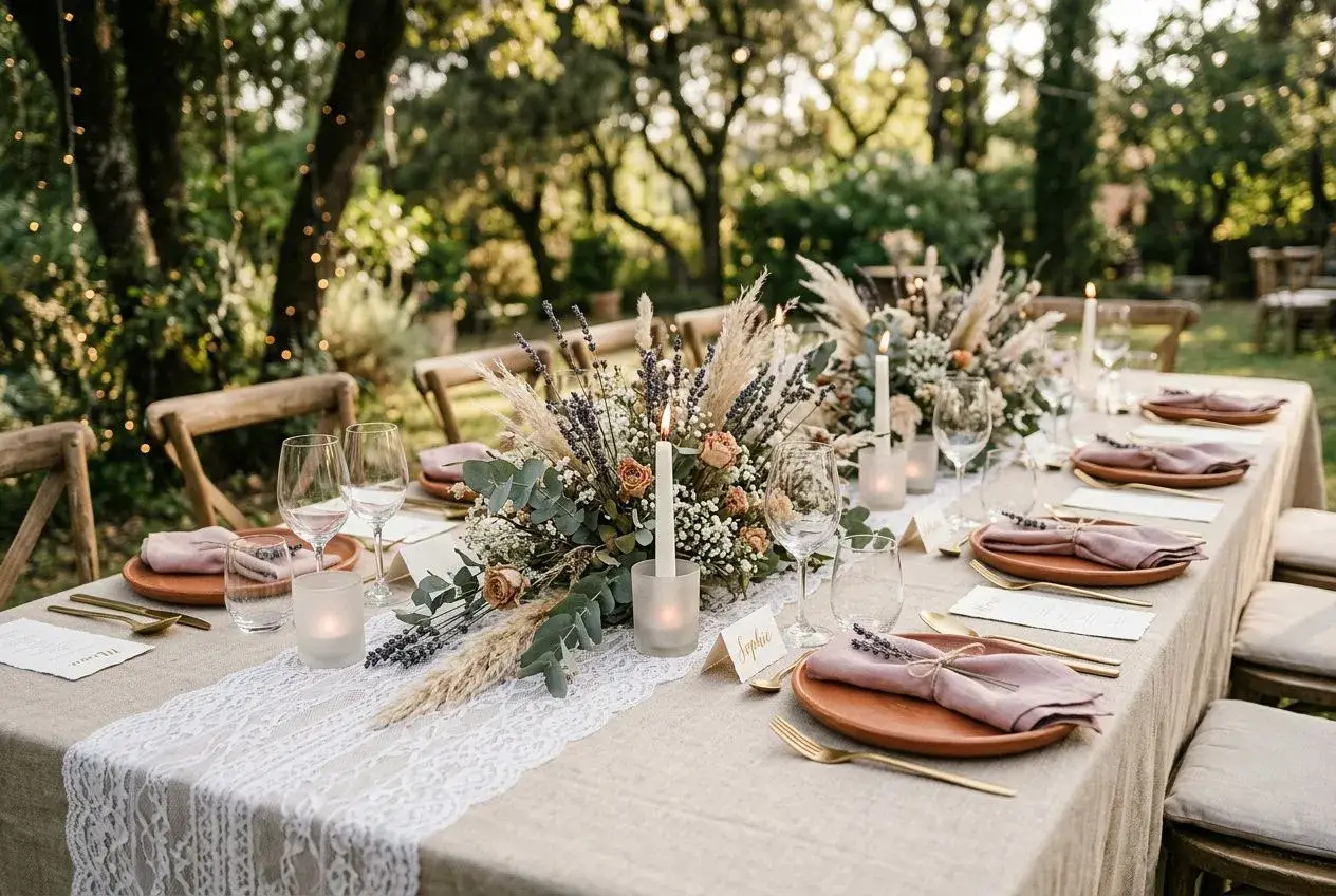 Table dressée dans un jardin, ambiance champêtre avec fleurs séchées, bougies et vaisselle en terre cuite.
