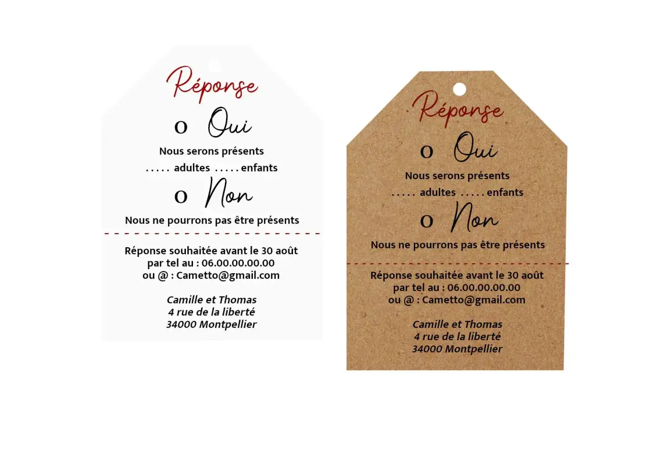 Deux étiquettes de réponse pour invitation : "Oui" ou "Non", avec détails de contact.
