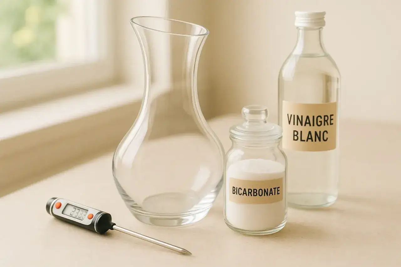 Pour savoir comment nettoyer une carafe en verre, voici les ingrédients : une carafe vide, du bicarbonate de soude, du vinaigre blanc et un thermomètre.