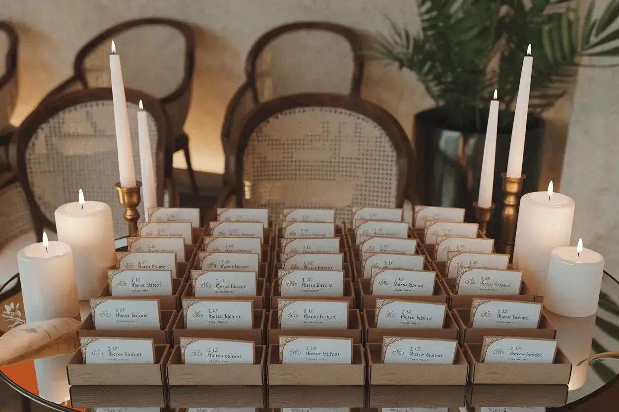 Des cartes pour un jeu mariage questions invités, disposées avec des bougies.