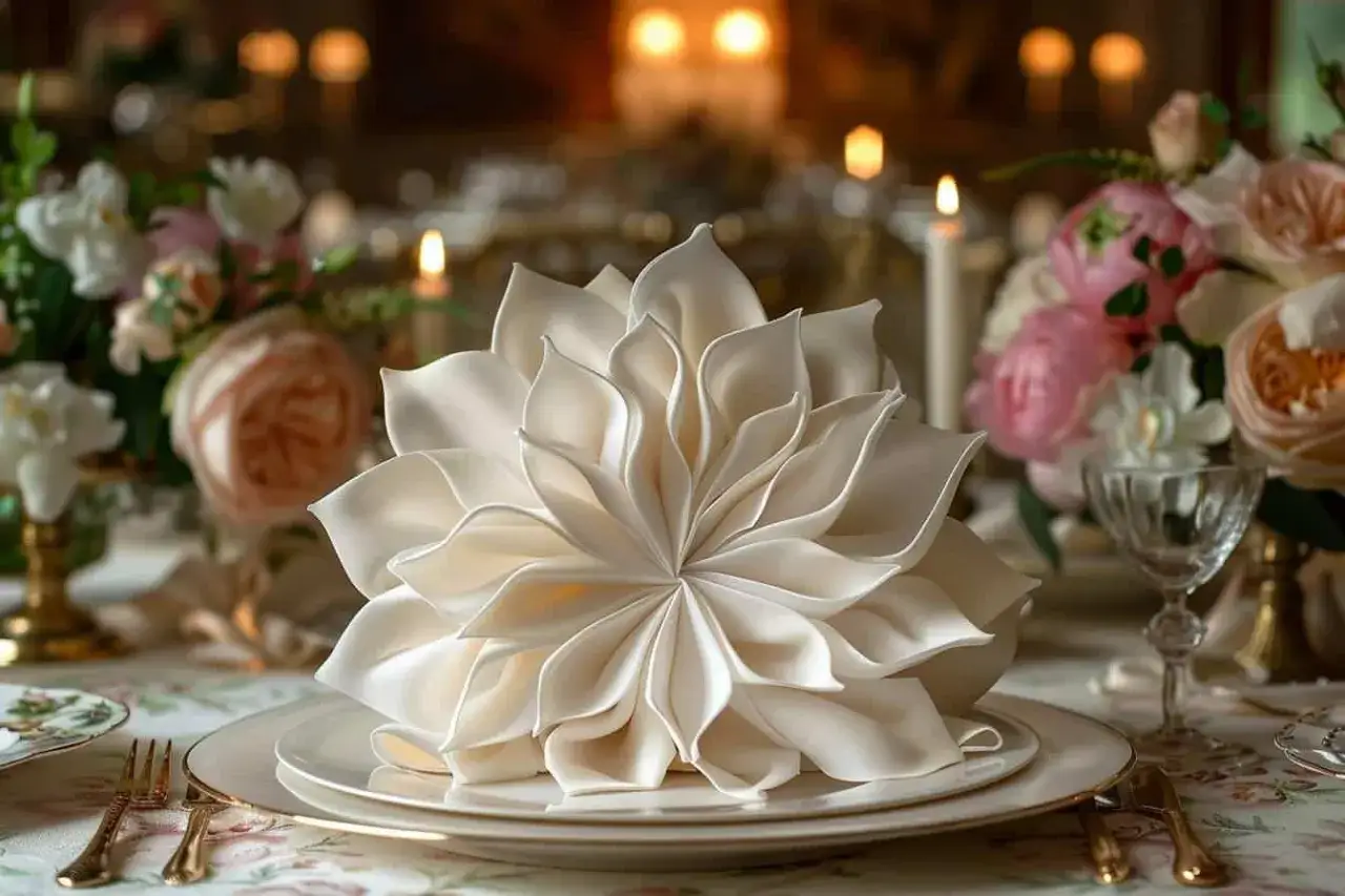 Magnifique pliage serviette en forme de fleur, parfait pour une noce d'or. La table est dressée avec élégance, entourée de bougies et de roses.
