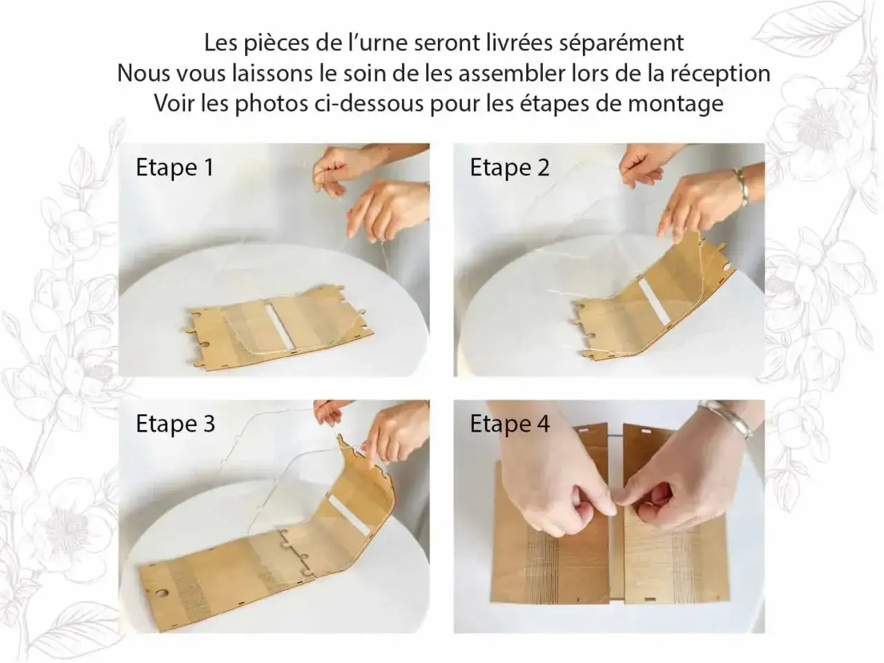 Instructions de montage d'une bo&icirc;te &agrave; enveloppe en bois. Quatre &eacute;tapes montrent comment assembler les pi&egrave;ces avec des fils.