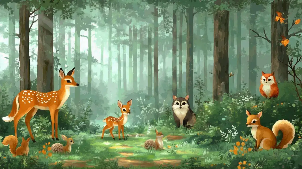 Bienvenue dans la for&ecirc;t enchant&eacute;e ! Cerfs, renards, &eacute;cureuils et h&eacute;rissons jouent dans une clairi&egrave;re baign&eacute;e de lumi&egrave;re.