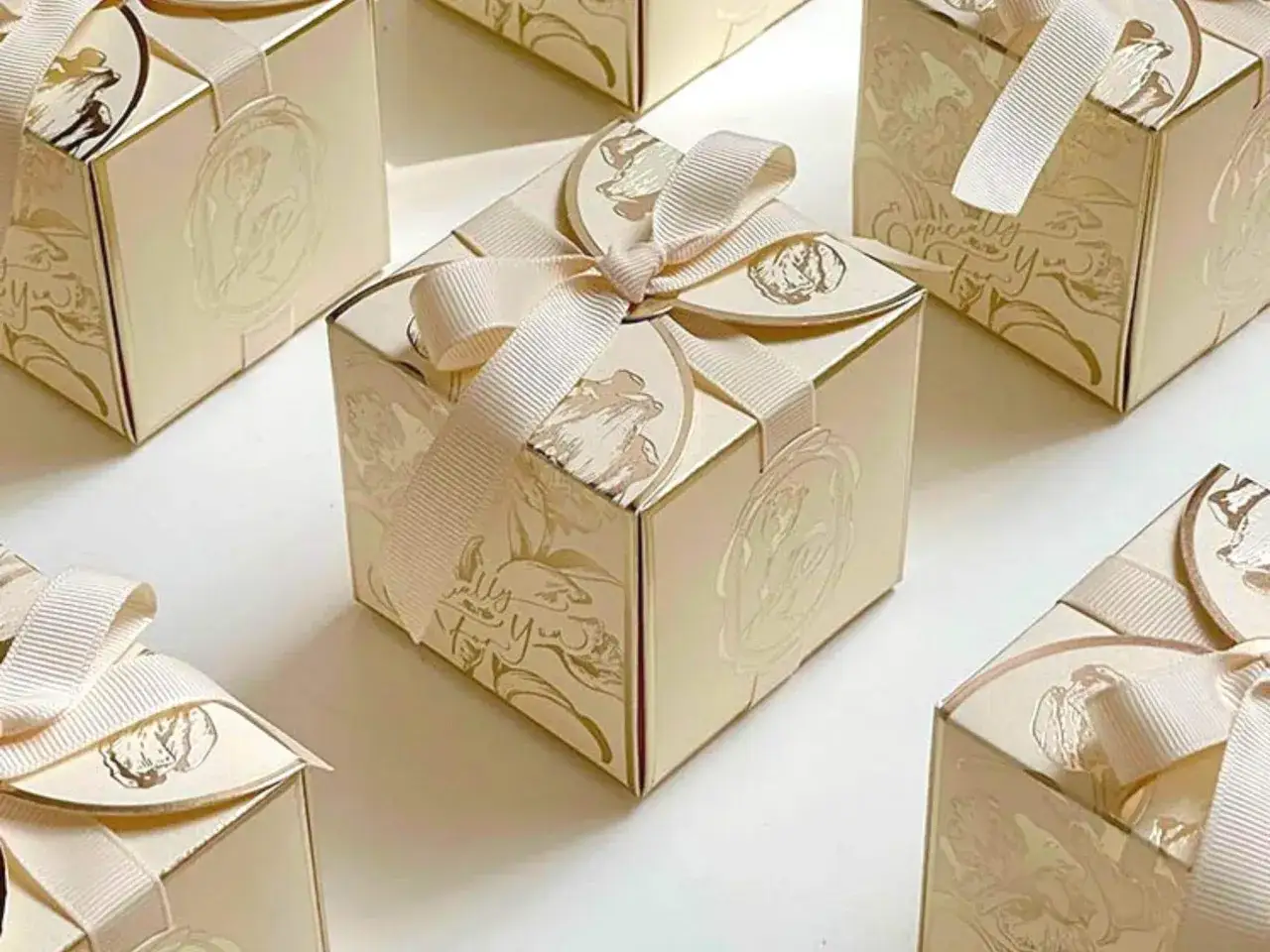 Plusieurs boîtes à dragées chic, ornées de motifs floraux et de rubans, sont disposées sur un fond blanc.