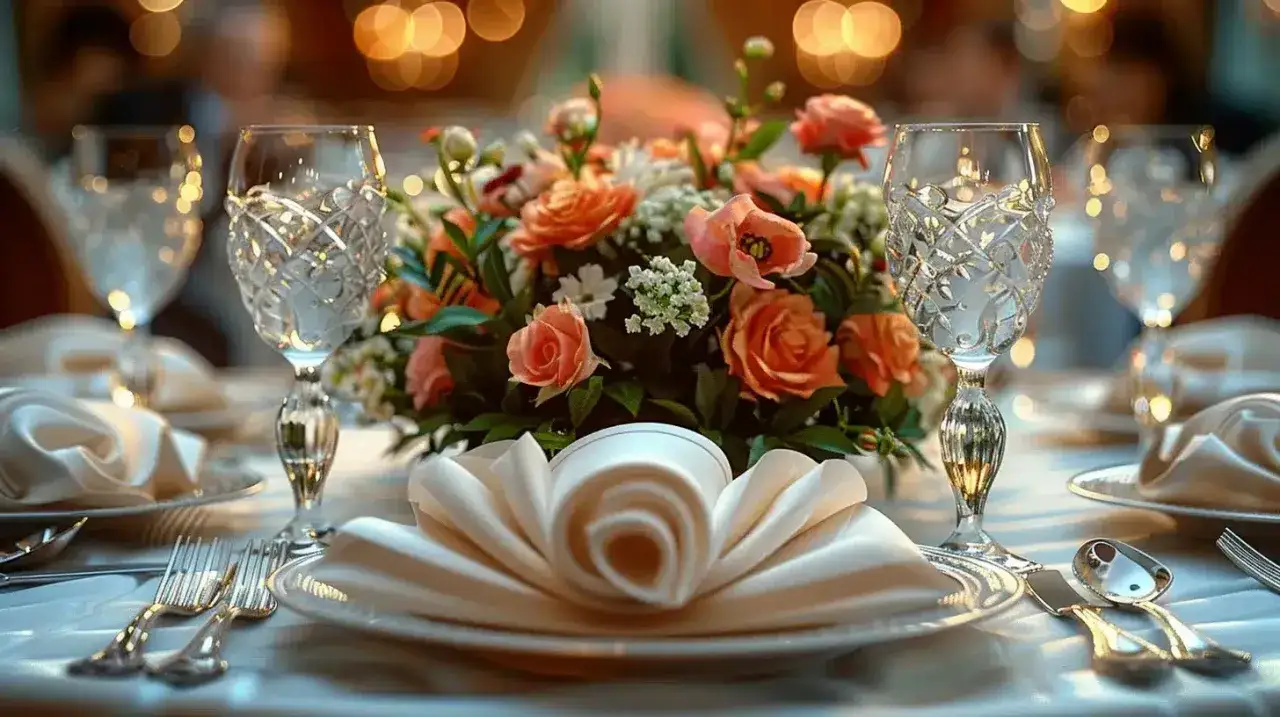 Une table dress&eacute;e pour un mariage champ&ecirc;tre : fleurs, verres cisel&eacute;s et un &eacute;l&eacute;gant pliage serviette mariage champ&ecirc;tre.