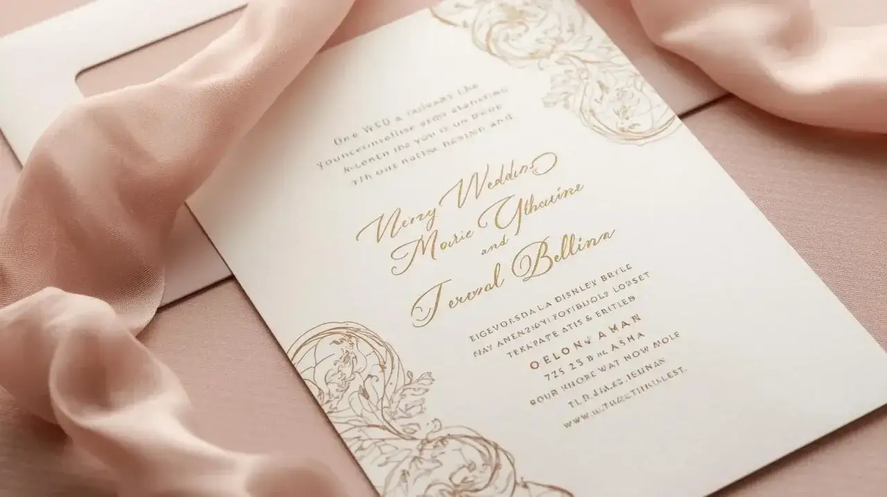 Invitation de mariage &eacute;l&eacute;gante avec des ornements dor&eacute;s. Une belle fa&ccedil;on d'annoncer le mariage d'un coll&egrave;gue de travail.