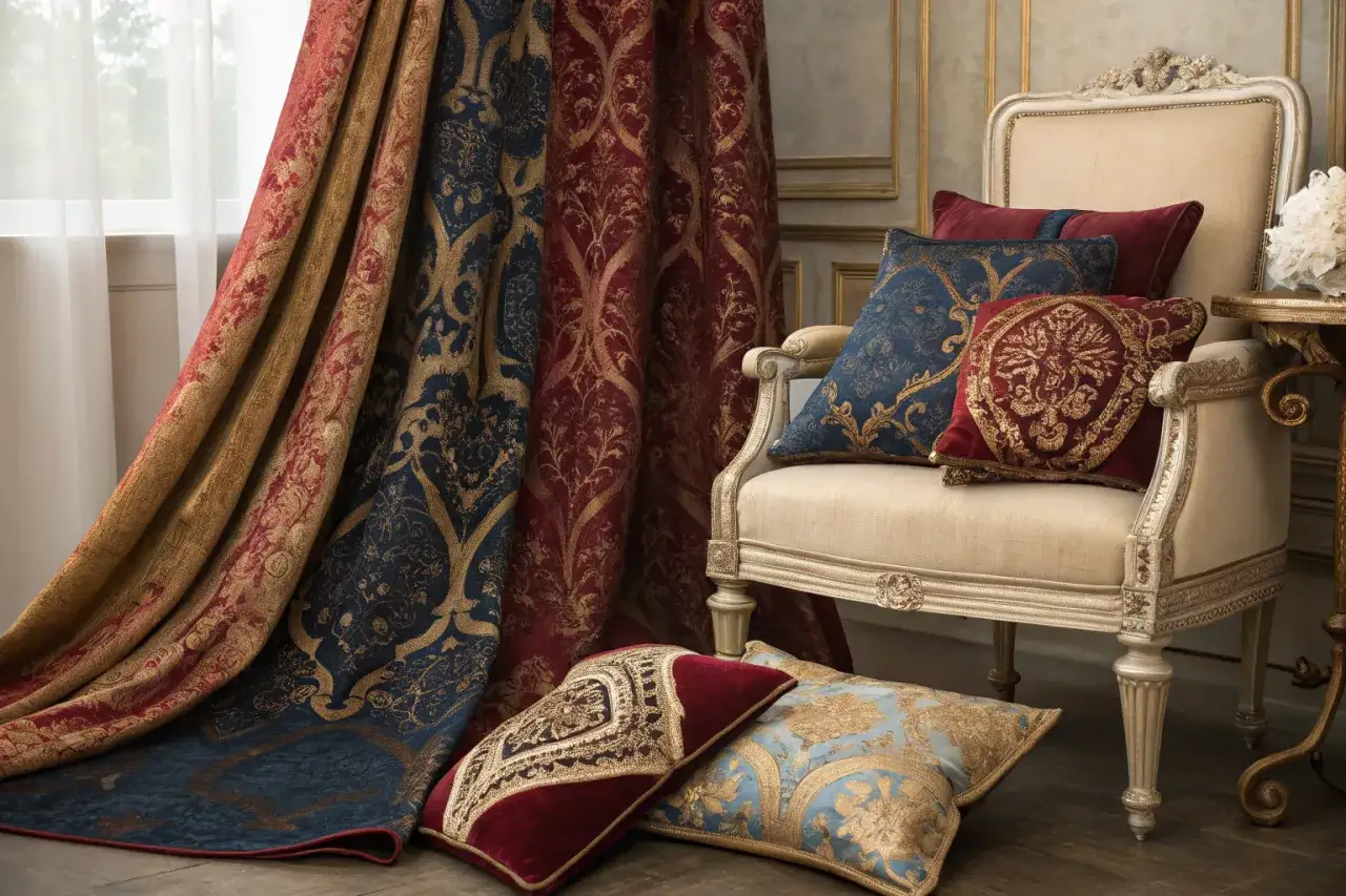 Magnifiques rideaux et coussins orn&eacute;s de motifs complexes, illustrant la richesse du tissu damass&eacute;.