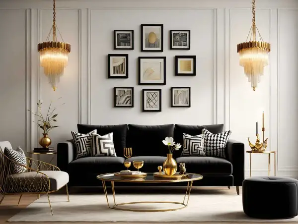 Salon chic avec canapé noir, coussins graphiques et lustres dorés. Une ambiance **déco antillaise à faire soi même** avec des touches dorées et des cadres artistiques.