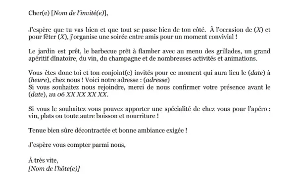 Invitation à un barbecue convivial pour fêter (X). Le jardin est prêt, le menu est alléchant. Merci de confirmer votre présence pour cet événement.