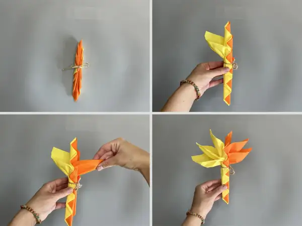 Étapes pour un pliage serviette palmier. Des mains plient des serviettes orange et jaunes pour créer une forme de palmier.