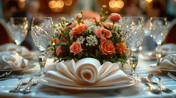 Une table dressée pour un mariage champêtre, avec un bouquet de roses corail, des verres ciselés et un pliage serviette élégant.