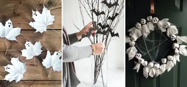 Idées de deco table halloween fait maison : feuilles fantômes, branches décorées de chauves-souris et couronne de petits fantômes en tissu.