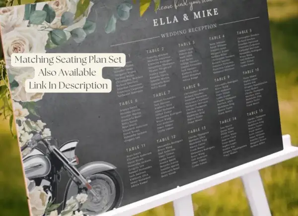 Un faire-part mariage moto avec des fleurs. Le plan de table est visible, avec les noms des invités.